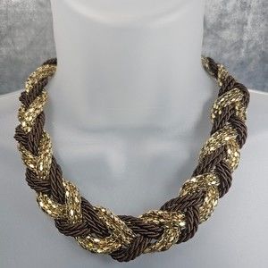 Braided Necklace Choker Brown Rope Gold Tone Mesh Two Tone Chunky Boho Jewelry